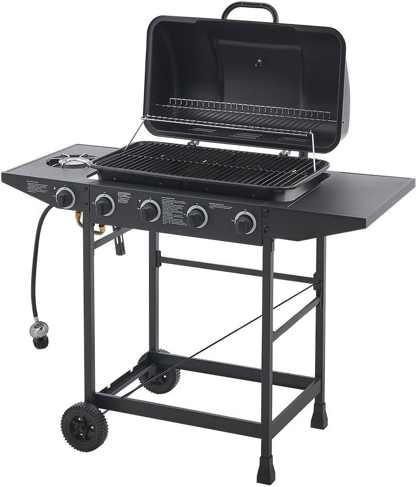 5-Burner Propane Gas BBQ Grill, Stainless Steel Barbecue Grill with Side Burner with Side Burner, Propane Griddle Grill Combo with Enamel-Coated Grates and Side Tables for Camping, Patio