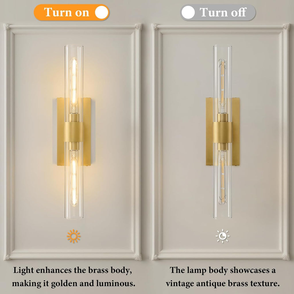 Champagne Brass Bathroom Wall Sconce - Set of 2 Modern Gold Light Sconces - Clear Glass Tube Vanity Lights - Vertical or Horizontal Mounted Dimmable Lighting Fixtures for Indoor Living Room Hallway