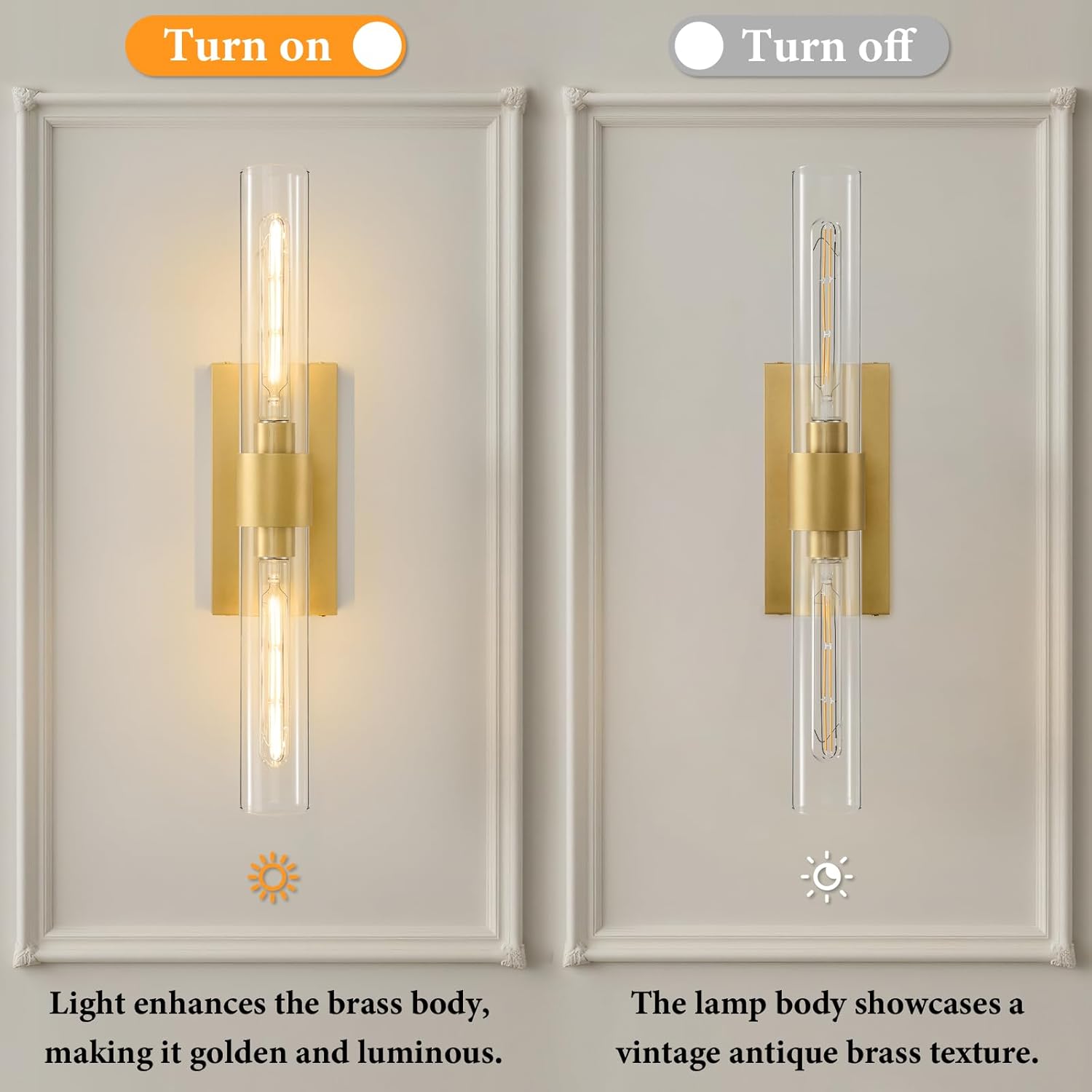 Champagne Brass Bathroom Wall Sconce - Set of 2 Modern Gold Light Sconces - Clear Glass Tube Vanity Lights - Vertical or Horizontal Mounted Dimmable Lighting Fixtures for Indoor Living Room Hallway