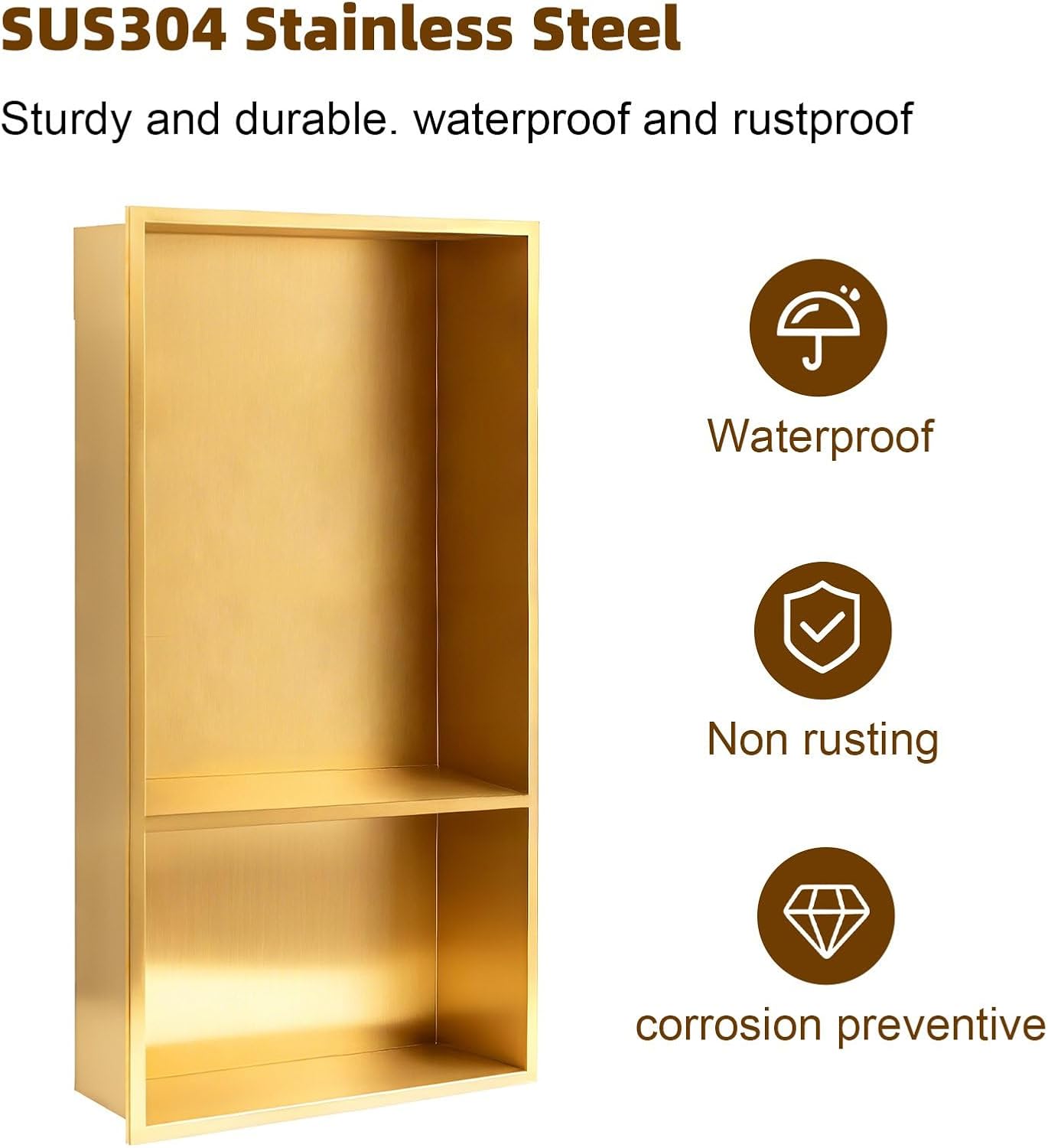 SaniteModar Shower Niche, Stainless Steel Shower Niche No Tile Needed, Recessed for Bathroom Storage (Brushed Gold, 12' x 24' D)
