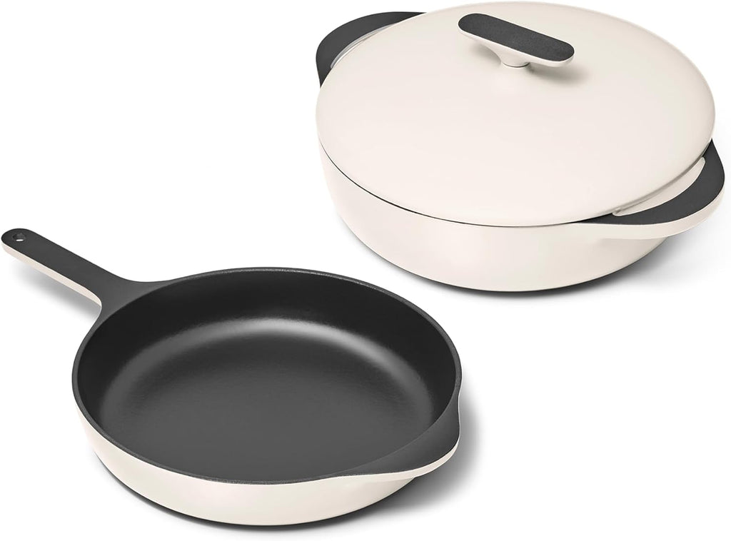 Caraway 10.5' Cast Iron Skillet and 3.5qt Braiser Pan Duo - 3 Layer Enamel Coating - No Seasoning Required - Compatible With All Stovetops - Oven Safe - Free From Forever Chemicals - Cream