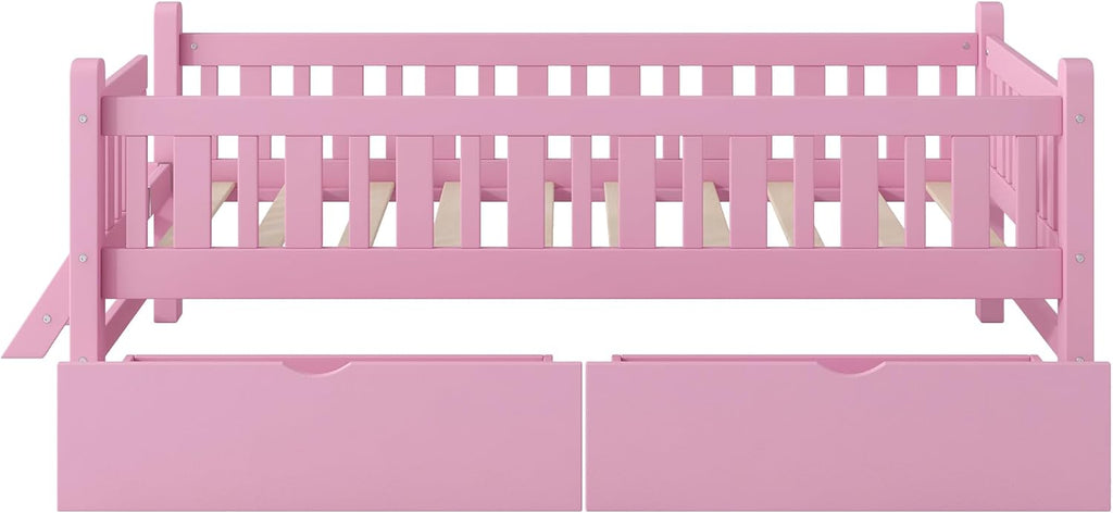 VilroCaz Twin Size Platform Bed with Guardrail and 2 Drawers, Wood Kids Platform Bed Frame with Two-Step Ladder for Boys Girls, Sturdy Slats Support (Pink-1.26)