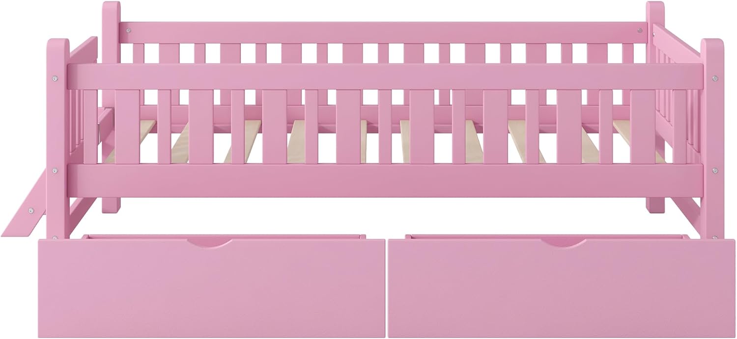 VilroCaz Twin Size Platform Bed with Guardrail and 2 Drawers, Wood Kids Platform Bed Frame with Two-Step Ladder for Boys Girls, Sturdy Slats Support (Pink-1.26)