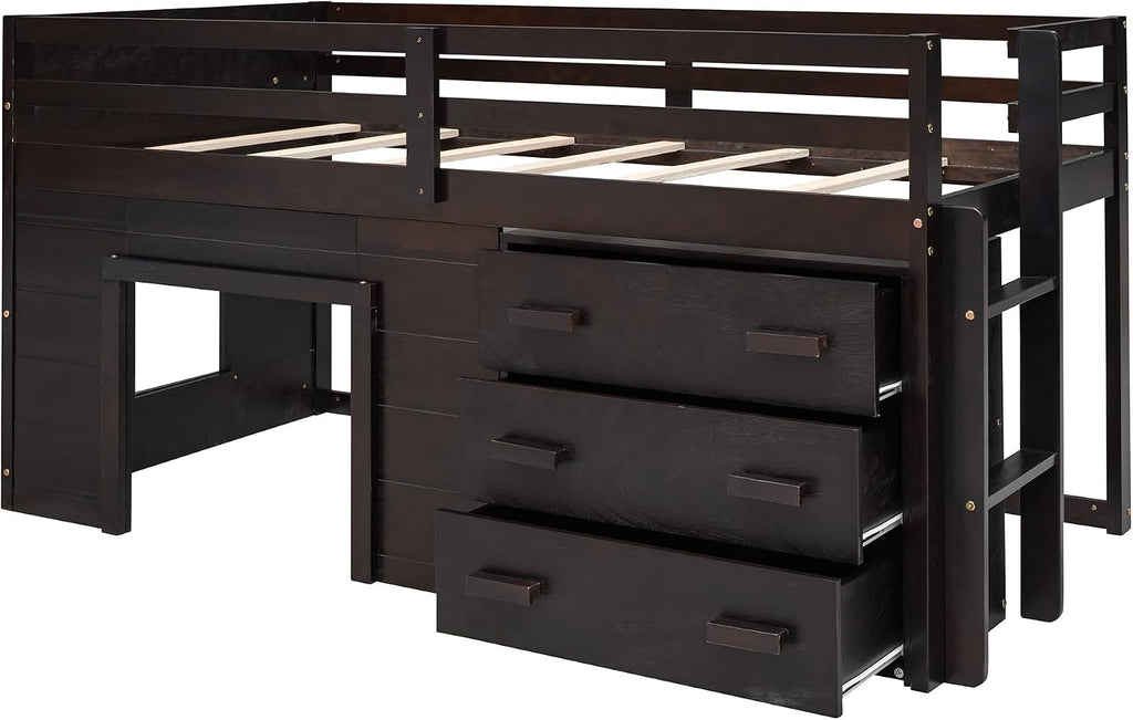 Ball & Cast Twin Size Low Loft Bed with Safety Guardrail & Stair,Wooden Bedframe W/Cabinet & Shelf,Solid Construction,No Spring Box Needed,Furniture Set for Boys Girls Keens Study Bedroom,Espresso