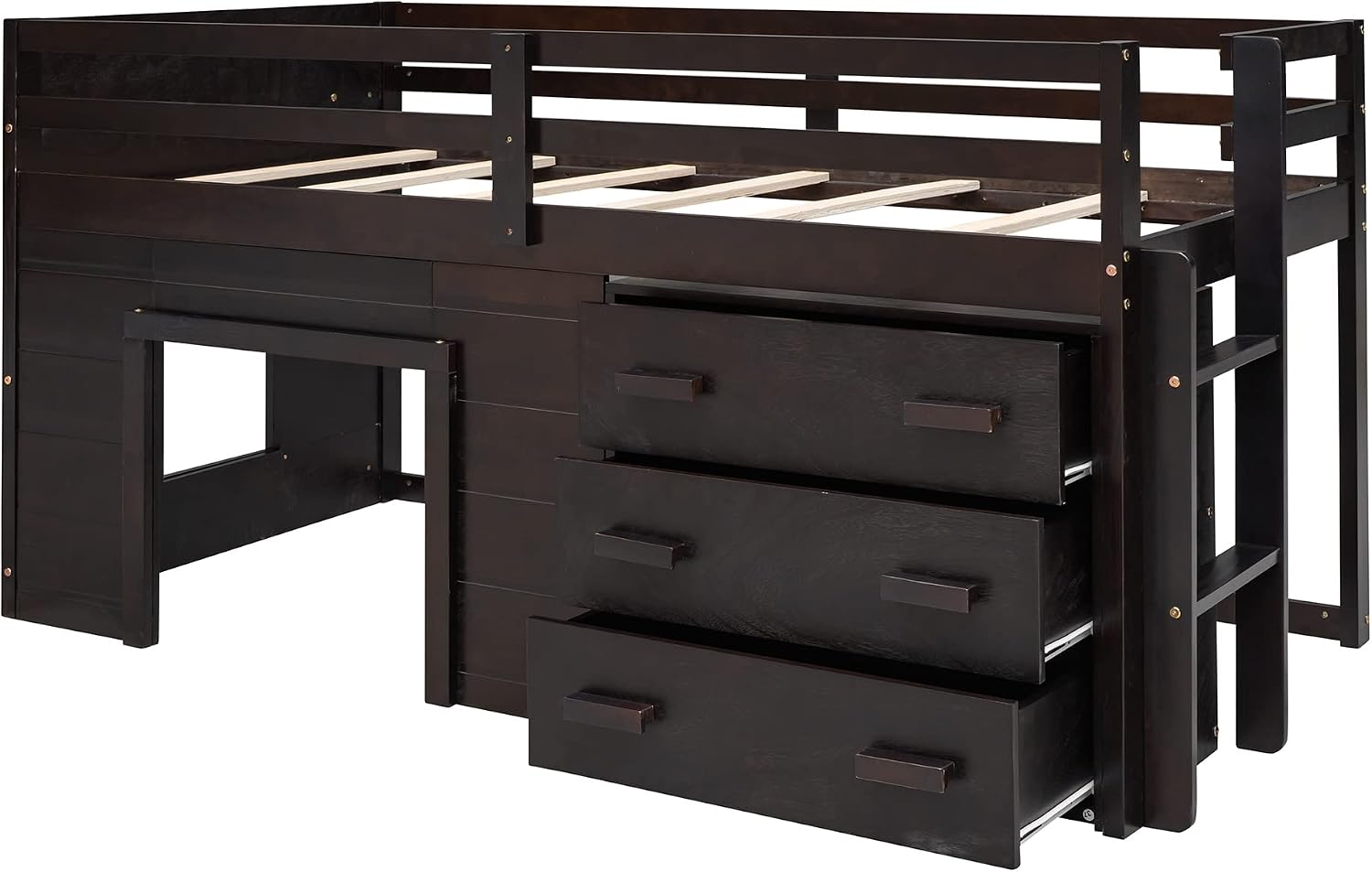 Ball & Cast Twin Size Low Loft Bed with Safety Guardrail & Stair,Wooden Bedframe W/Cabinet & Shelf,Solid Construction,No Spring Box Needed,Furniture Set for Boys Girls Keens Study Bedroom,Espresso