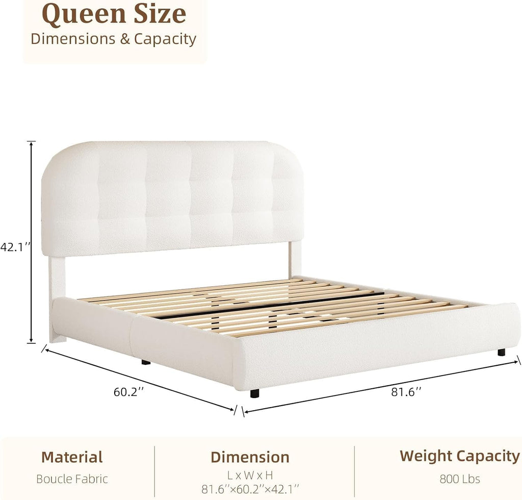 BarnFurin Queen Bed Frame, Boucle Upholstered Platform Bed with Headboard, Cloud Bed Frame, Soft Rounded Corners, No Box Spring Required, Easy Assembly, White