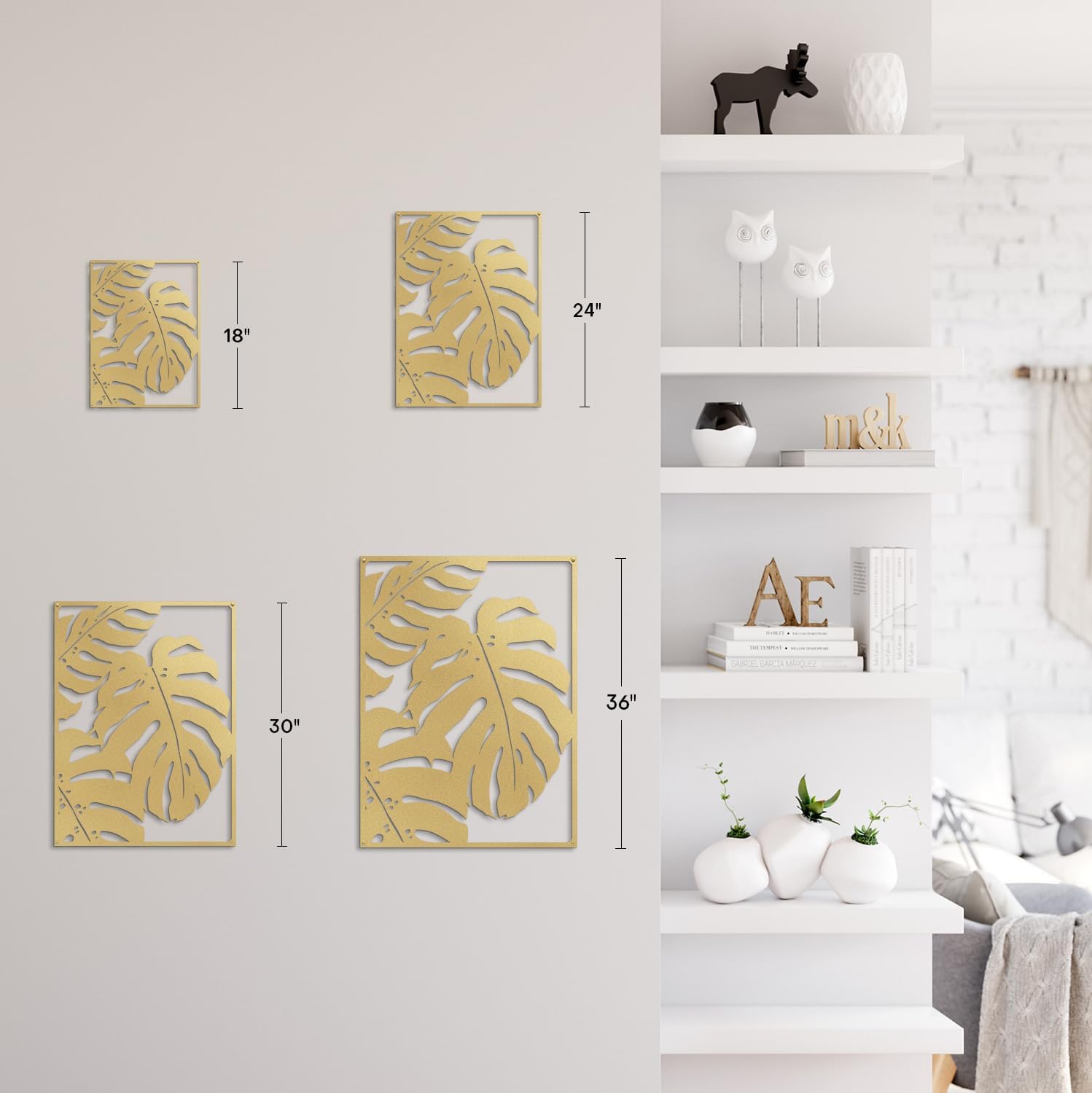 SIGNLEADER Metal Wall Art Decor Botanical Leaf Minimalist Modern Wall Sculpture Hangings Home Decoration for Living Room, Bedroom, Bathroom, Kitchen, Outdoor - 36' Gold