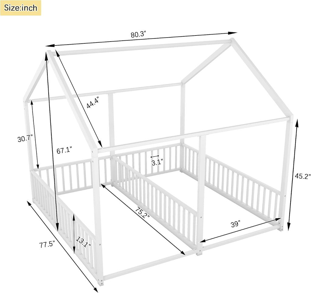 PVWIIK Full Double Montessori Floor Bed with Fence & Roof for Two Kids Teens Boys Girls,Full Floor Bed,Easy Assemble,No Box Spring Needed, White
