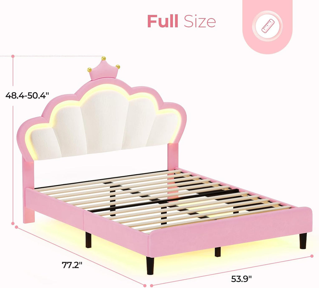 ADORNEVE Full Bed Frame with LED Lights, Princess Bed with Adjustable Chic Double Shell Headboard, Full Girl Bed Velvet Upholstered Platform Bed with Princess Crown, Solid Wood Slats Support, Pink
