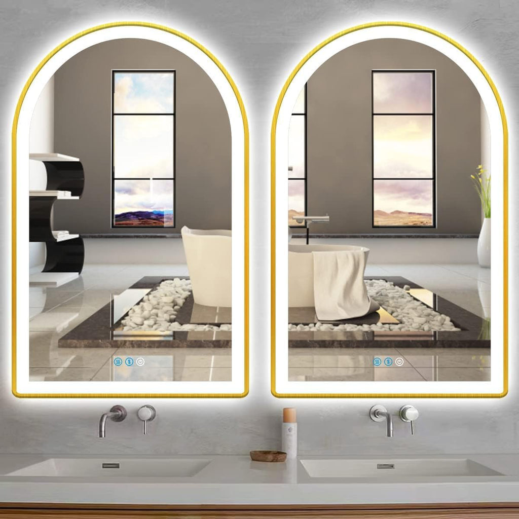 20x32 Inch Gold Bathroom Arch Vanity Mirror with Light Gold Frame Arch LED Mirror for Bathroom Wall Arched Lighted Mirror Anti Fog Dimmable 3Color 32' Gold Framed Arch Smart LED Light up Mirror