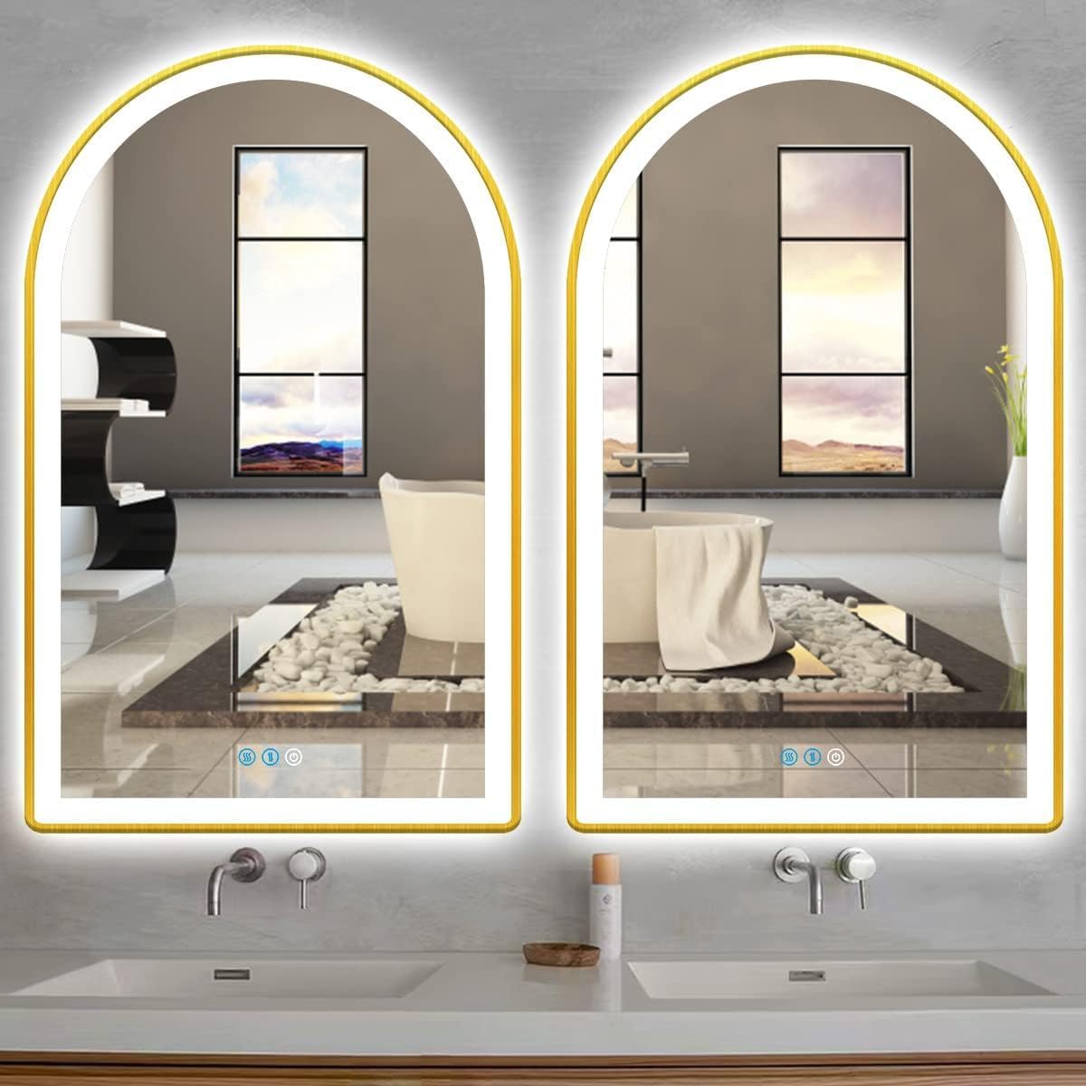 20x32 Inch Gold Bathroom Arch Vanity Mirror with Light Gold Frame Arch LED Mirror for Bathroom Wall Arched Lighted Mirror Anti Fog Dimmable 3Color 32' Gold Framed Arch Smart LED Light up Mirror