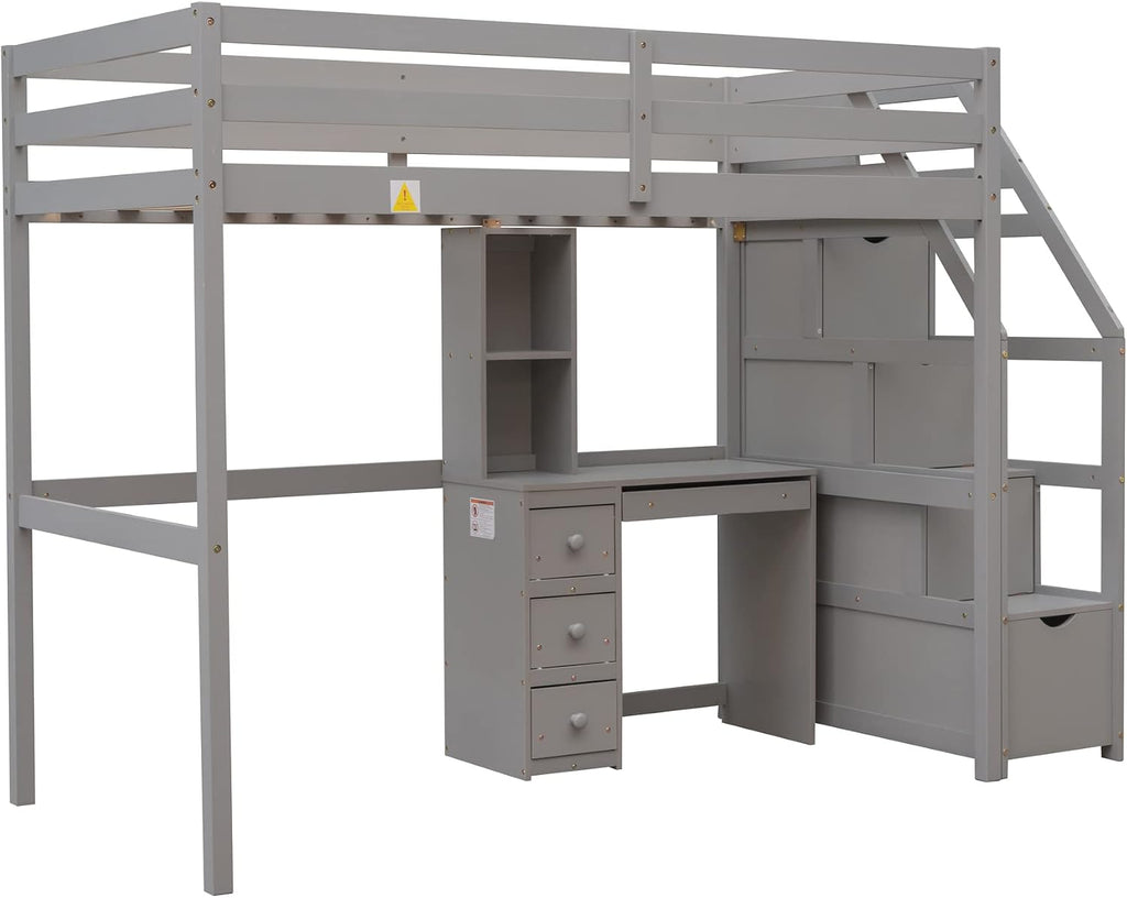 Harper & Bright Designs Twin Over Twin Bunk Bed with Desk, Heavy Duty Wood Loft Bedframe W/Shelves,Easy Assembly,Versatile Functional Bedroom Furniture Set for Boy Girl Teens,Gray