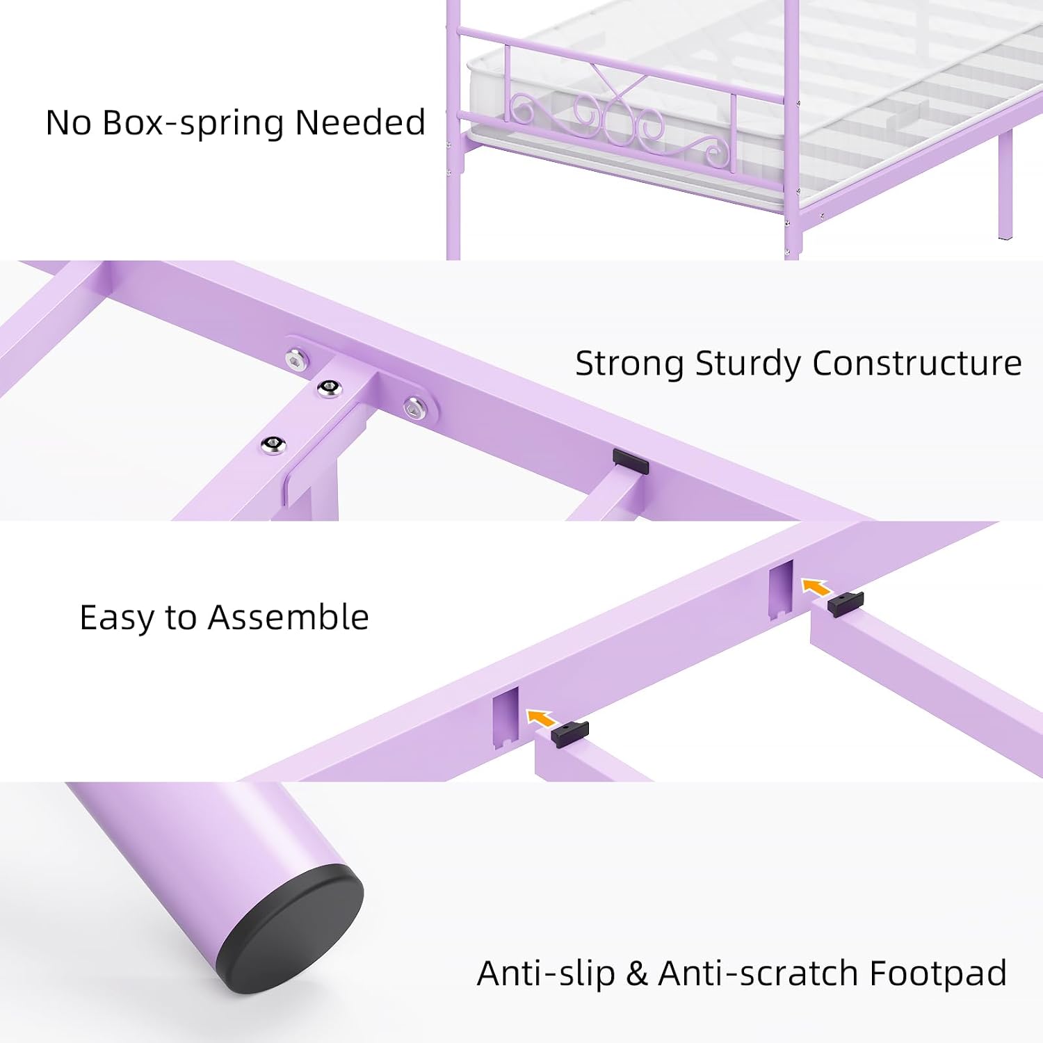 Weehom Twin Canopy Bed Frame with Headboard and Footboard, 4 Posters Metal Bed Frame, No Box Spring Needed, Mattress Foundation Platform Bed for Kids and Adults, Purple
