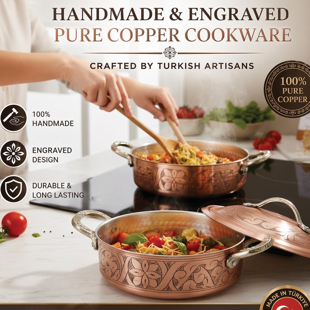 Vintage 100% Pure Solid Copper Hammered Handmade Engraved Cookware Cooking Stew Pot Braiser Lid Pan Oven Fancy Serving Nonstick Handle Non Stick Decorative Kitchen Decor Indian Turkish (1.8 Quarts)