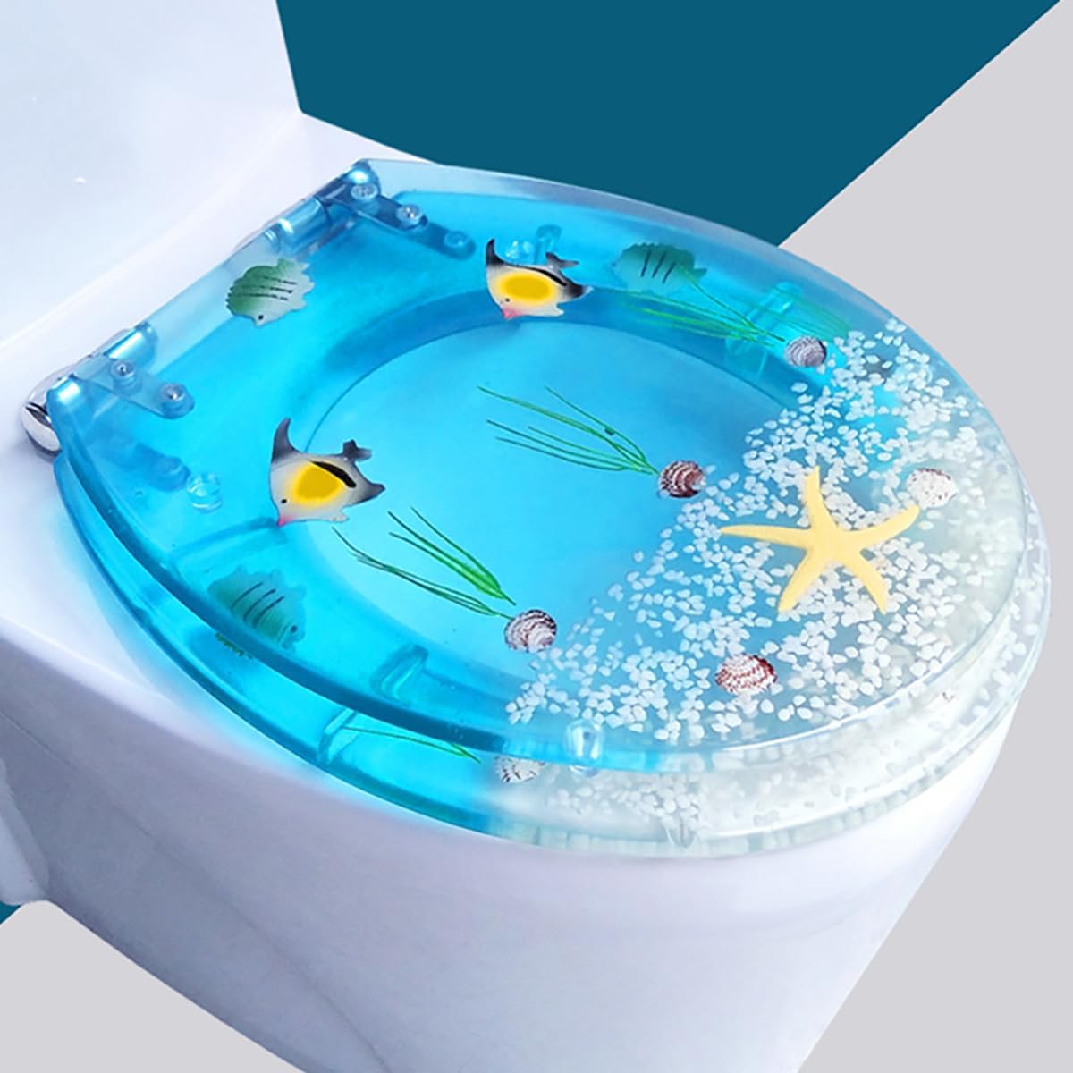 3D Ocean Series Round Toilet Seat, Mute No Slam Toilet Seat Cover with Soft Close Toilet Lid and Stainless Steel Hinges, Thickened Safety Resin Toilet Seats (B)