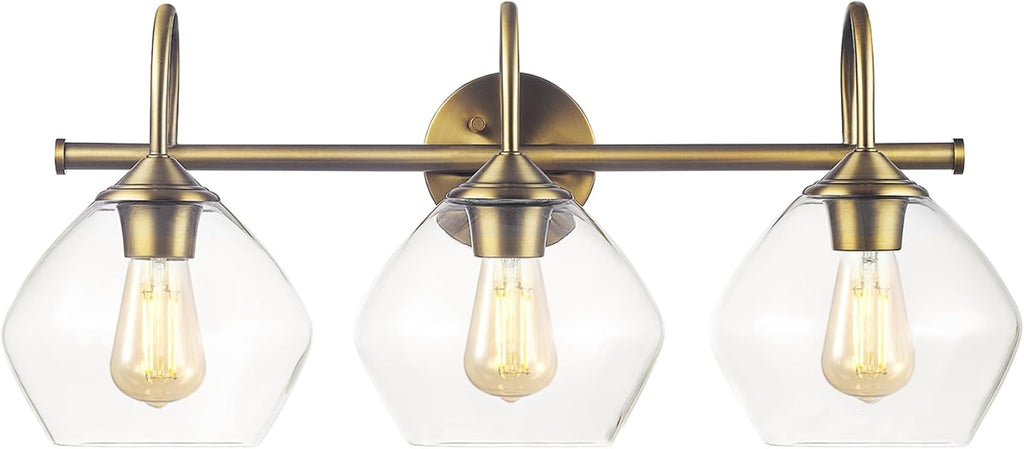 Globe Electric 63000103 26' 3-Light Vanity Fixture, Brass Finish, Clear Glass Shades, Beauty Room Accessories, Bathroom Lighting Over Mirror, Makeup Lights, Wall Light, Home Essentials, House Décor