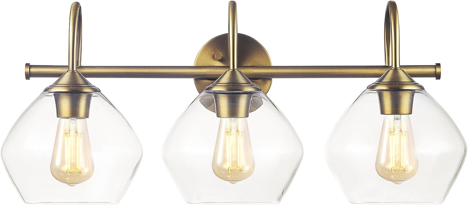 Globe Electric 63000103 26' 3-Light Vanity Fixture, Brass Finish, Clear Glass Shades, Beauty Room Accessories, Bathroom Lighting Over Mirror, Makeup Lights, Wall Light, Home Essentials, House Décor