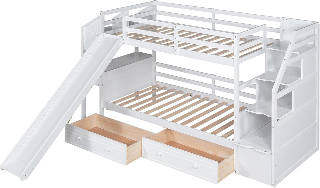 Merax Twin Over Twin Bunk Bed with Storage Staircase & Desk, Wood Bedframe with 2 Pull Out Drawers,Sturdy Bedroom Furniture Set for Boys Girls Teens (White)