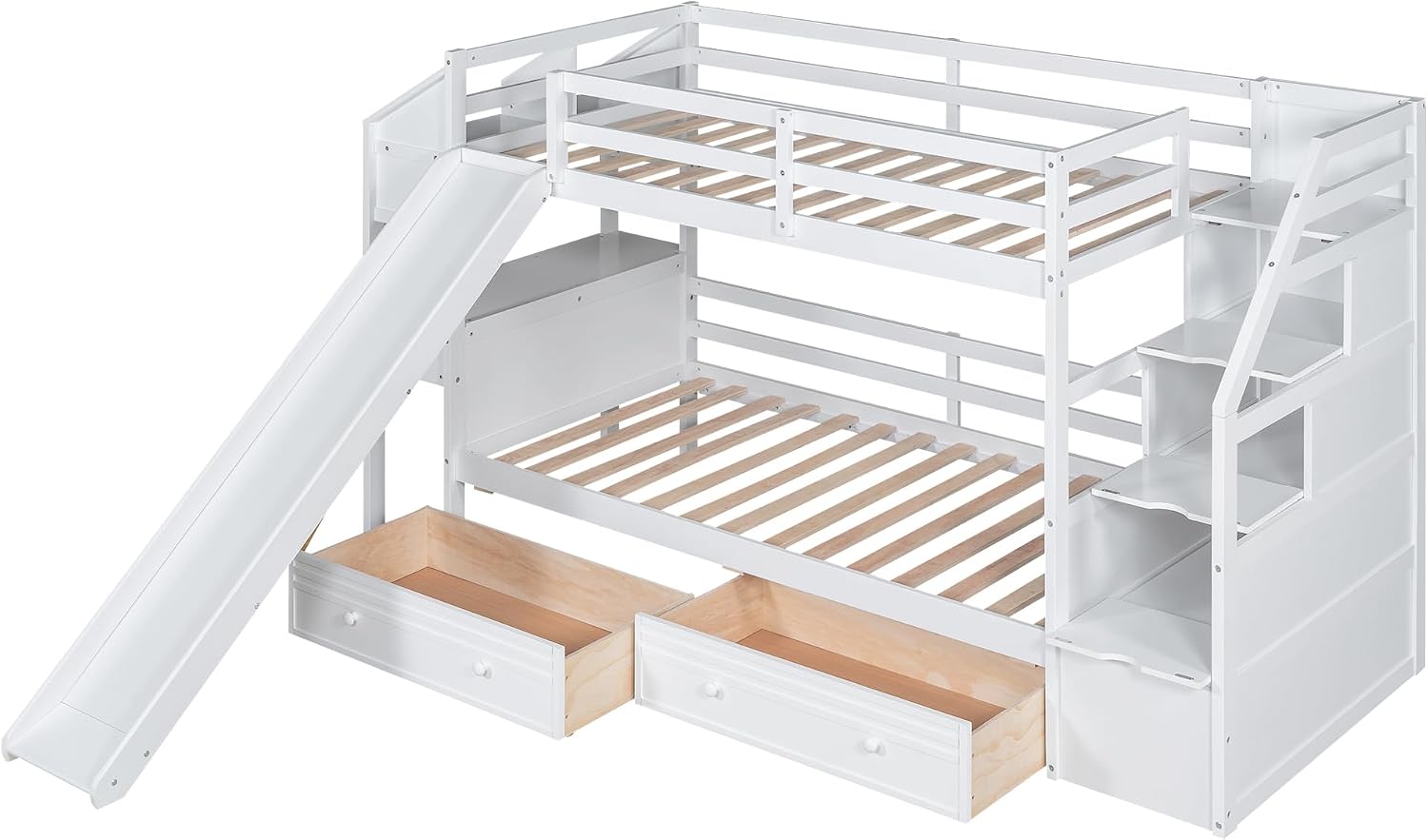 Merax Twin Over Twin Bunk Bed with Storage Staircase & Desk, Wood Bedframe with 2 Pull Out Drawers,Sturdy Bedroom Furniture Set for Boys Girls Teens (White)