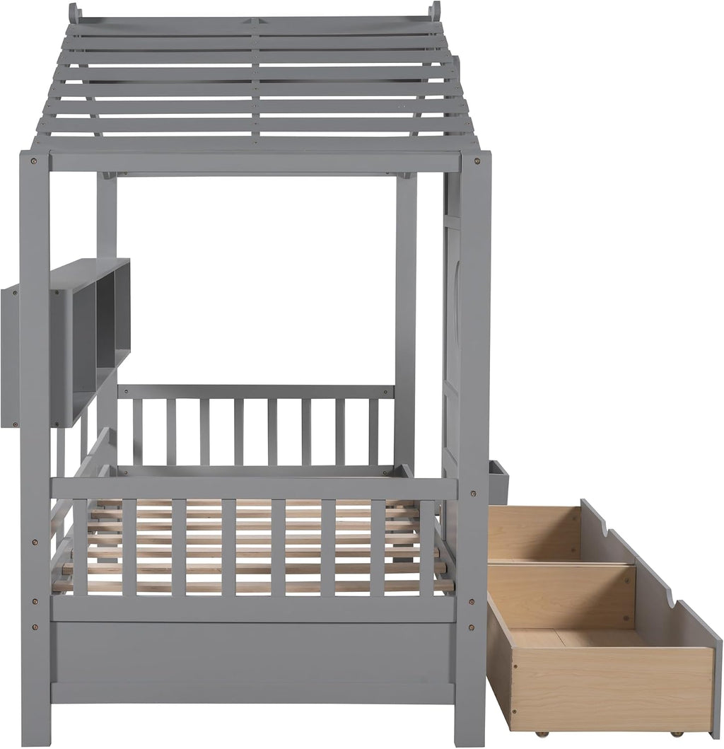 MERITLINE Twin Size Kids House Bed with 2 Drawers and Storage Shelf, Wooden Kids Montessori Bed Frame (Grey)