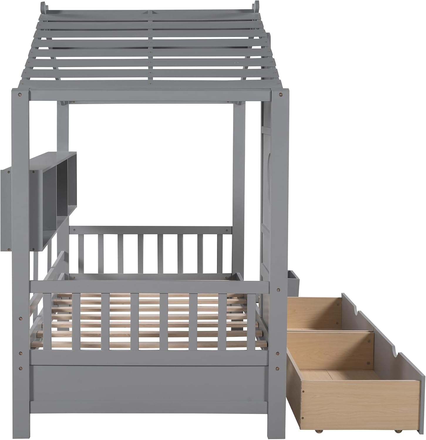 MERITLINE Twin Size Kids House Bed with 2 Drawers and Storage Shelf, Wooden Kids Montessori Bed Frame (Grey)