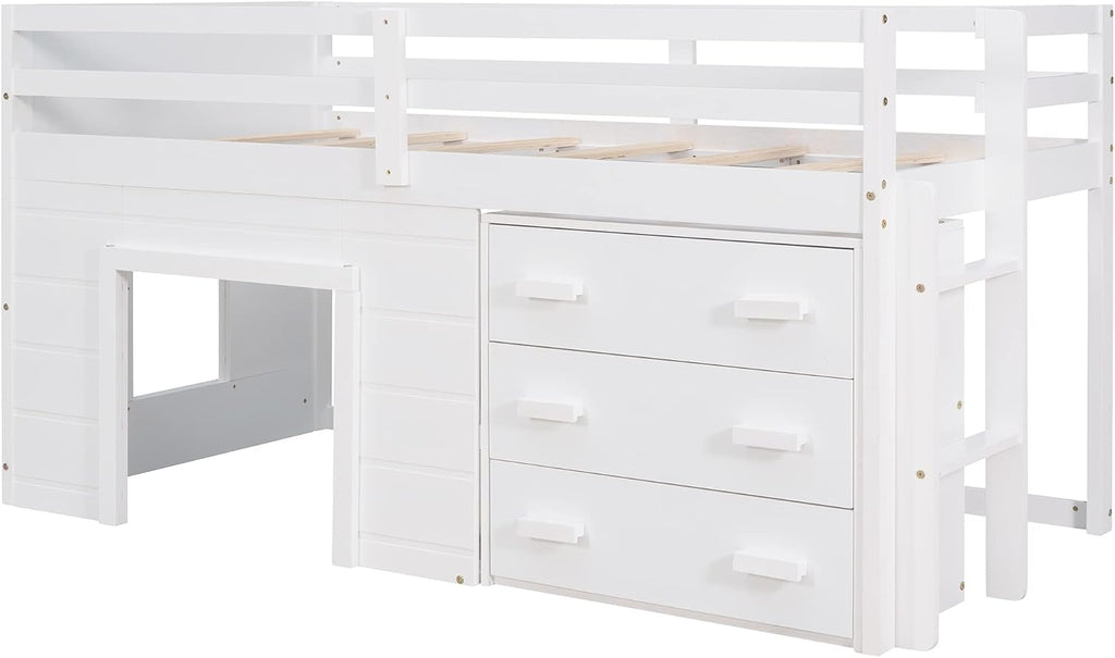 Ball & Cast Twin Size Low Loft Bed with Safety Guardrail & Stair,Wooden Bedframe W/Cabinet & Shelf,Solid Construction,No Spring Box Needed,Furniture Set for Boys Girls Keens Study Bedroom,White