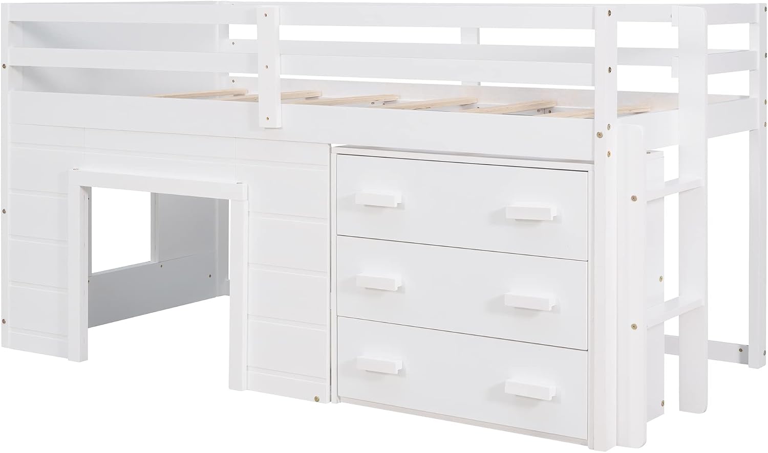 Ball & Cast Twin Size Low Loft Bed with Safety Guardrail & Stair,Wooden Bedframe W/Cabinet & Shelf,Solid Construction,No Spring Box Needed,Furniture Set for Boys Girls Keens Study Bedroom,White