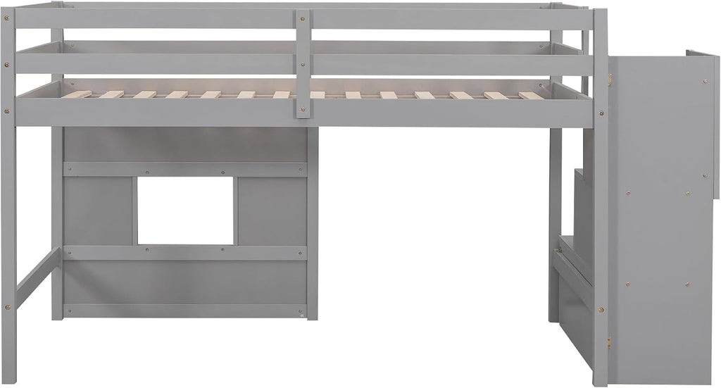 Harper & Bright Designs Low Loft Bed Twin Size with Stairs and Storage Shelves for Saving Space, Wood Loft Bed Frame with Window, Grey