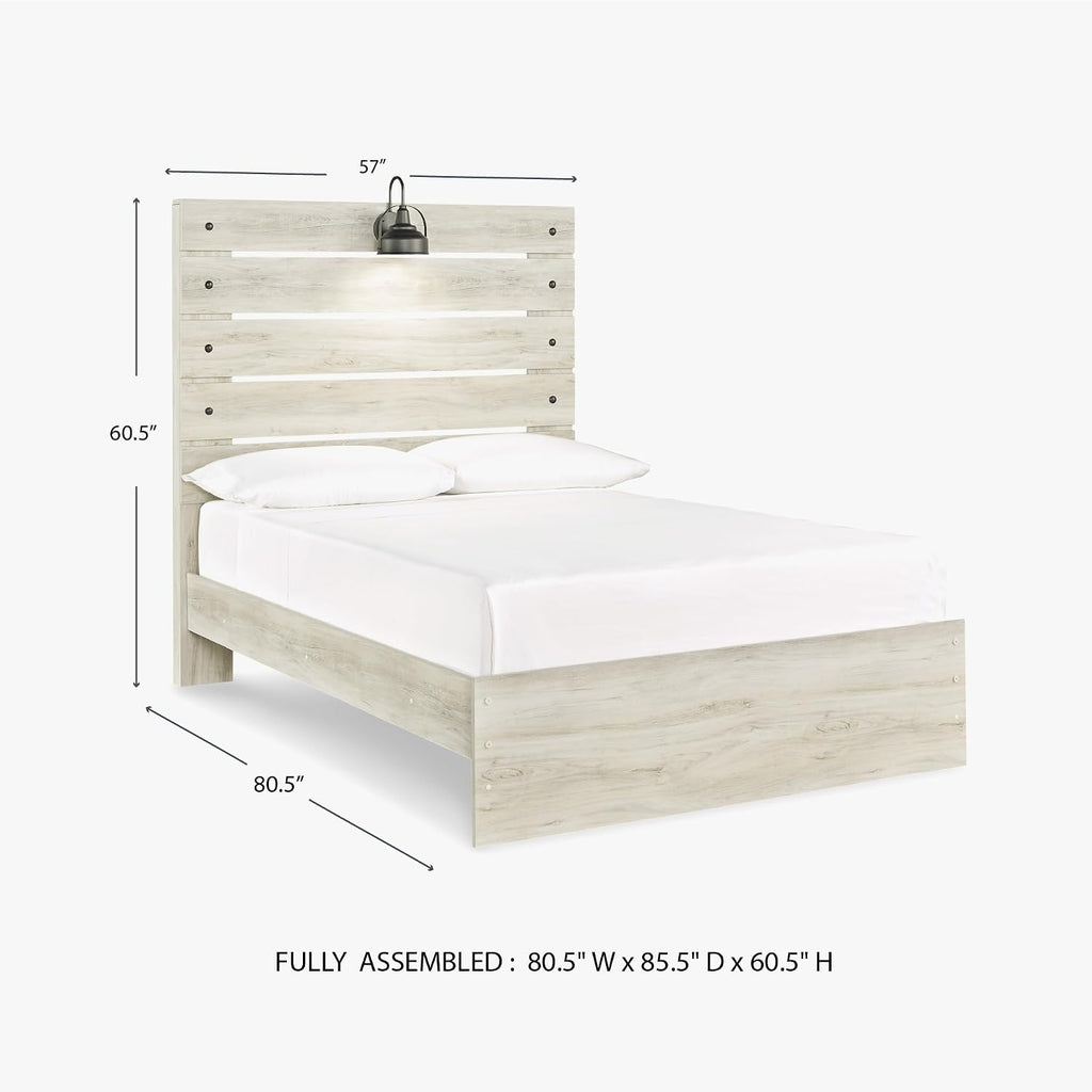 Signature Design by Ashley Cambeck Farmhouse Full Panel Bed with Sconce Light and USB Ports, Foundation or Box Spring Needed, Whitewash