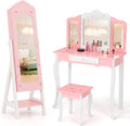 Costzon Kids Vanity & Jewelry Armoire Cabinet, Kids Makeup Vanity Table and Chair Set, Standing Jewelry Organizer with Full-Length Mirror, Kids Bedroom Furniture Set for Girls (Pink)