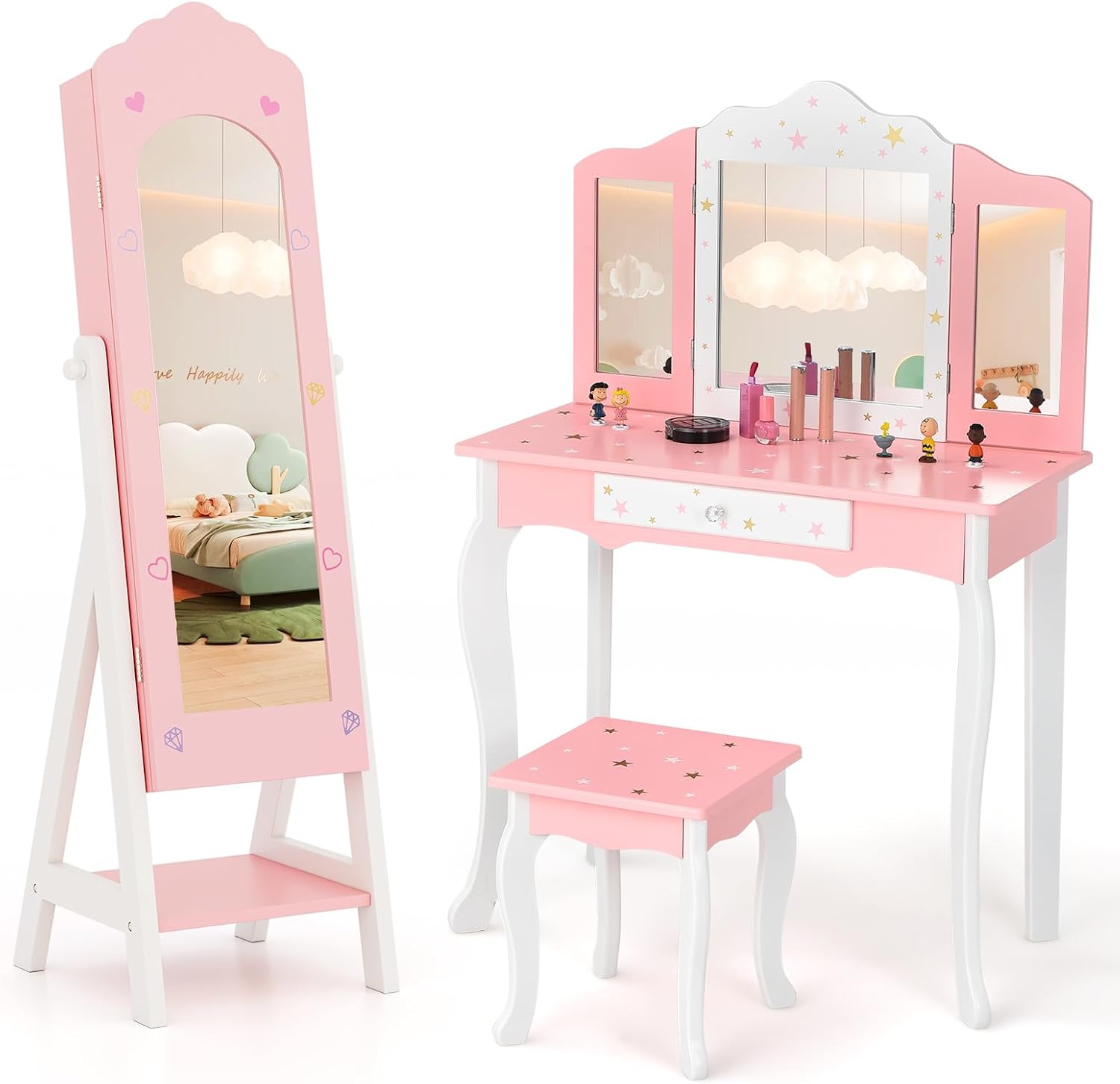 Costzon Kids Vanity & Jewelry Armoire Cabinet, Kids Makeup Vanity Table and Chair Set, Standing Jewelry Organizer with Full-Length Mirror, Kids Bedroom Furniture Set for Girls (Pink)