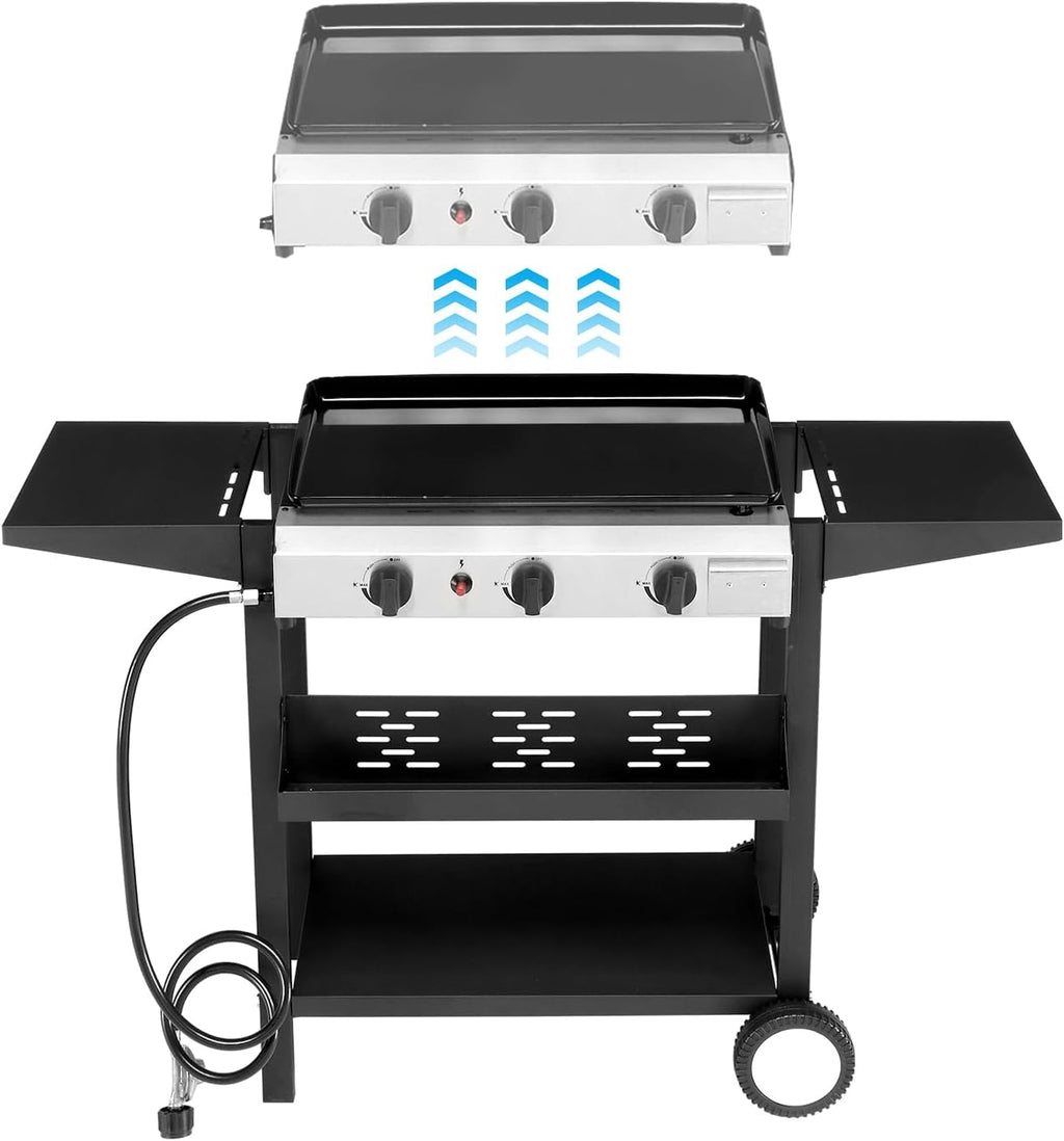 Flat Top Propane Grill, 3-Burner with Removable Griddle, 30,000 BTU, 2-Wheel Stand