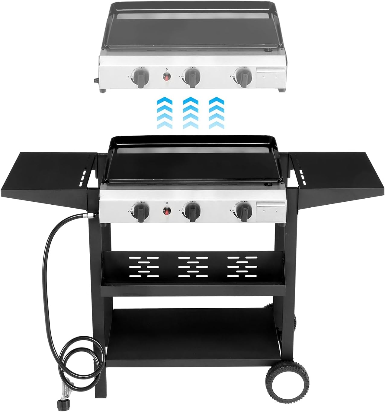 Flat Top Propane Grill, 3-Burner with Removable Griddle, 30,000 BTU, 2-Wheel Stand