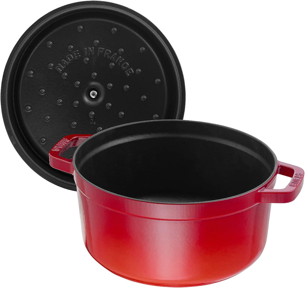 Staub Cast Iron Round Cocotte, Dutch Oven, 7-quart, serves 7-8, Made in France, Cherry