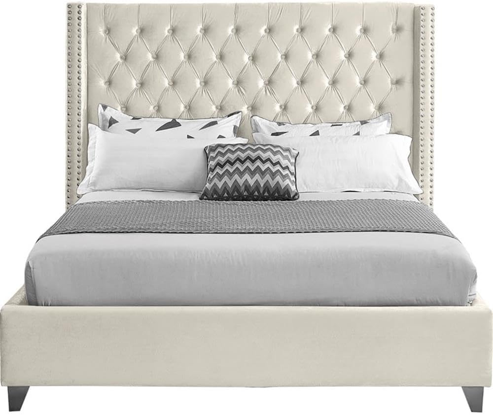 Meridian Furniture Aiden Collection Modern | Contemporary Velvet Upholstered Bed with Deep Button Tufting, Solid Wood Frame, and Custom Chrome Legs, Queen, Cream