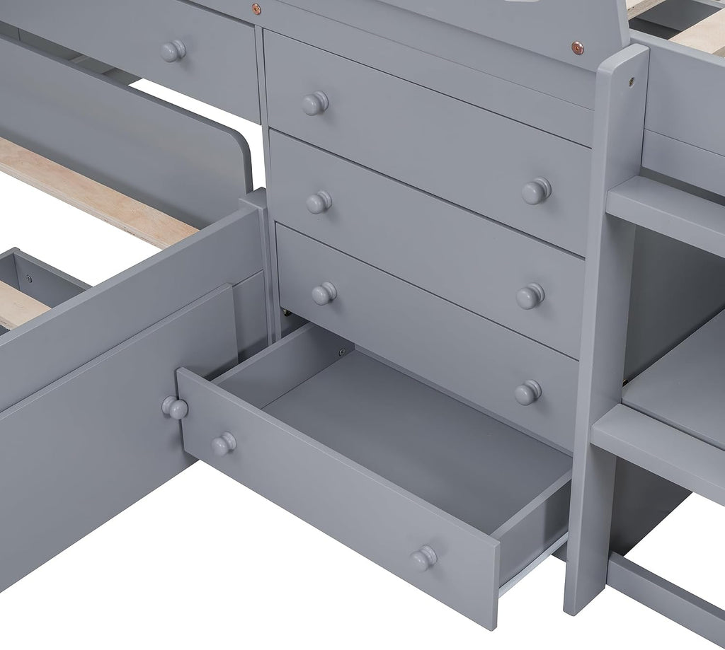 L-shaped Twin Low Loft Bed with Twin Platform Bed, Solid Wood Kids Beds Frame with 7 Drawers and Full Guardrails for Boys Girls, 2 Beds in 1 Design (Gray-L2B)