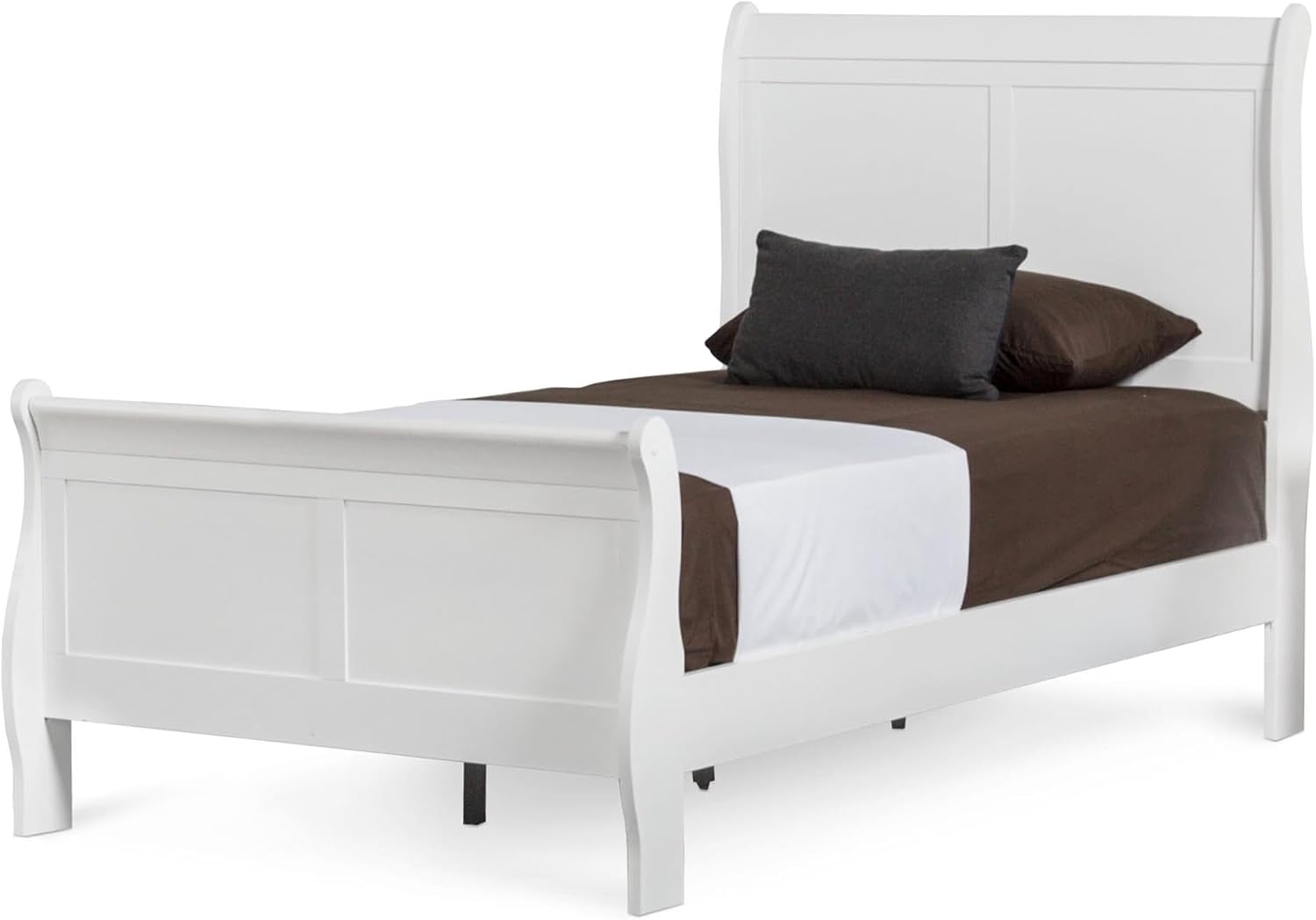 BOWERY HILL Transitional Solid Wood Twin Panel Bed, White Finish, 83.5' L x 41.38' W x 47.25' H, Sleigh Design, Curved Headboard and Footboard, Durable Kids Bedroom Furniture, Box Spring Required