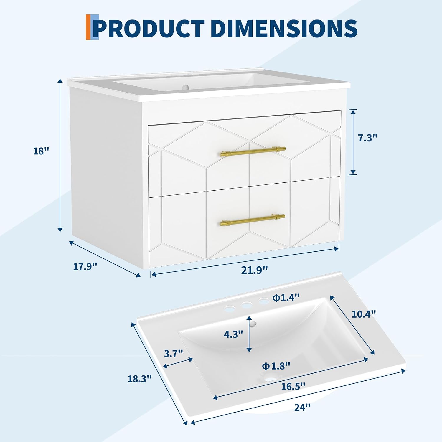 Garvee 24' Bathroom Vanity with Sink, Floating Bathroom Vanity with Ceramic Basin, 2 Large Storage Drawers with Gold Metal Handle, Modern Wall Mounted Bathroom Cabinet with Sink, White