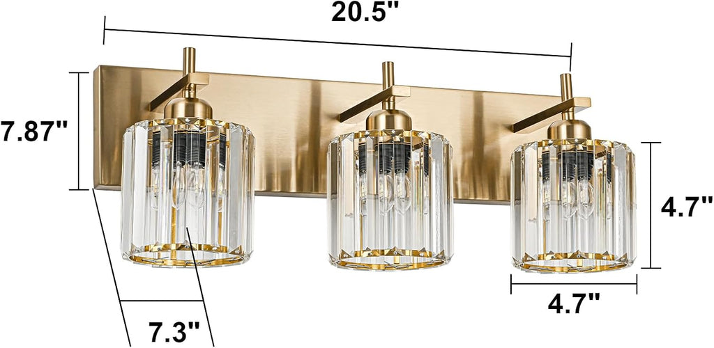 Modern Crystal Bathroom Vanity Lights, Gold 3-Lights Bathroom Light Fixtures Over Mirror, Crystal Wall Lighting with Polished Brass Finish