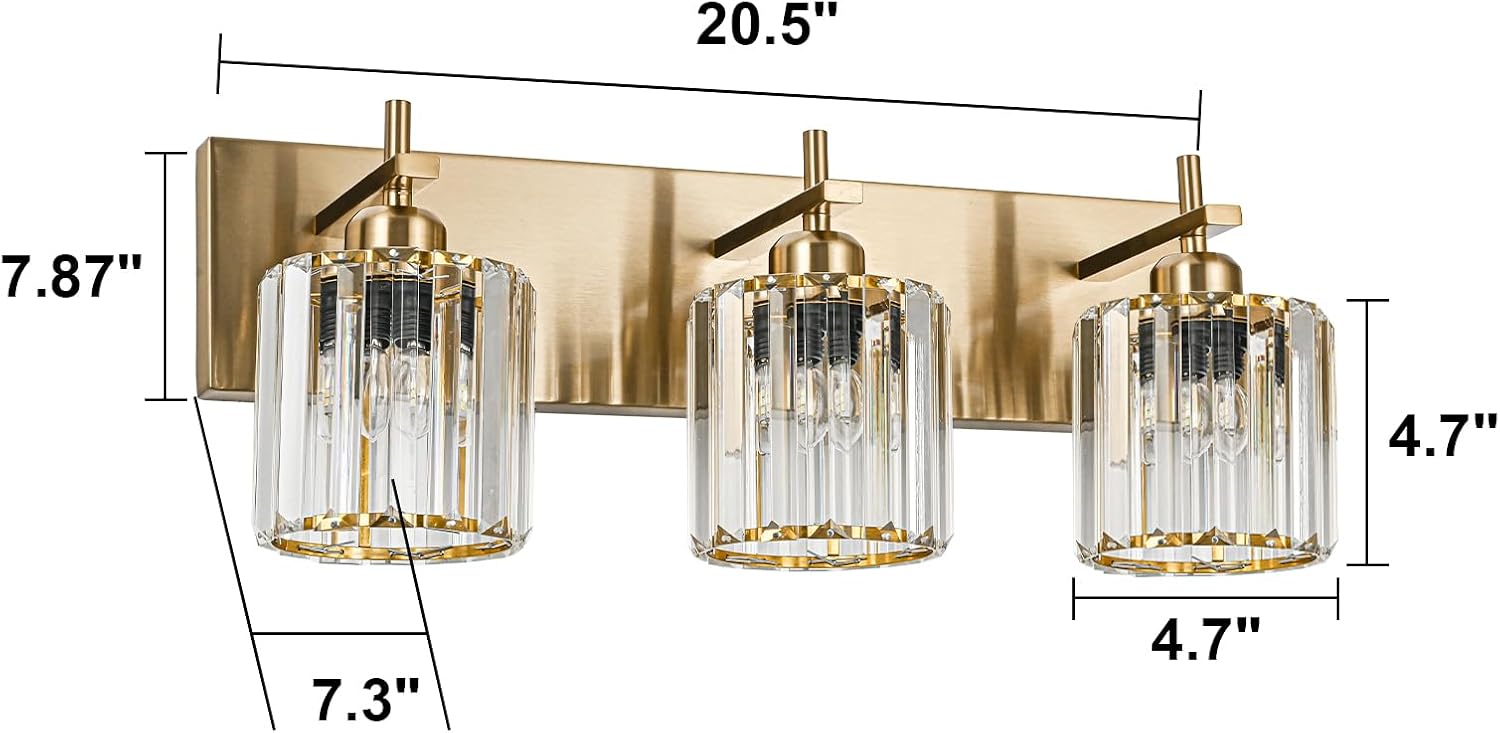 Modern Crystal Bathroom Vanity Lights, Gold 3-Lights Bathroom Light Fixtures Over Mirror, Crystal Wall Lighting with Polished Brass Finish