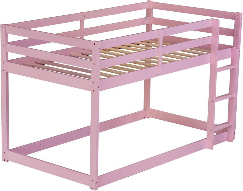 Bunk Bed Twin Over Twin, Floor Bunk Bed with Ladder, Safety Guard Rails, Heavy Duty Wooden Twin Bunk Beds Frame Low Bunkbeds No Box Spring Required, Pink