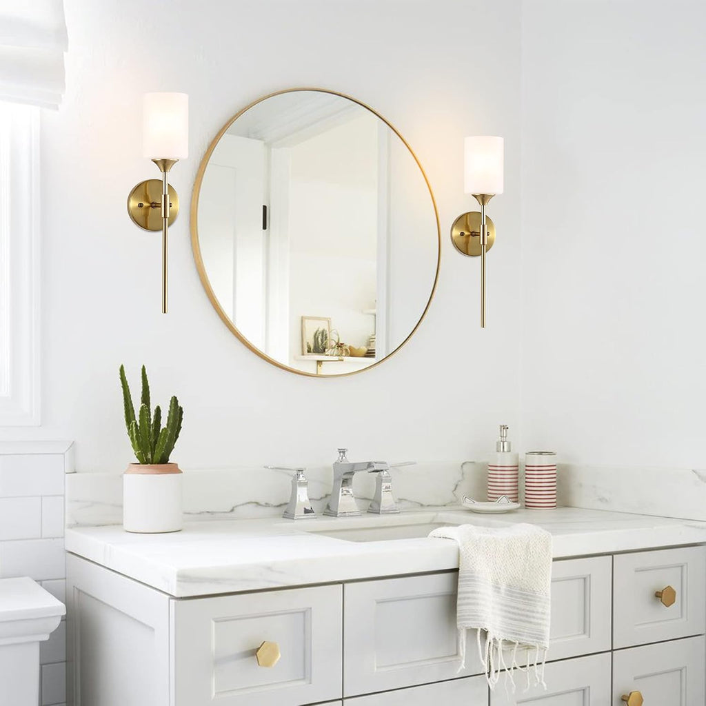 BYOLIIMA Gold Wall Sconce Set of 2 with White Cylinder Glass Shades Modern Mid Century Bathroom Vanity Wall Light Fixtures Industrial Brushed Brass Wall Lamp for Bedroom Mirror Living Room Restaurant