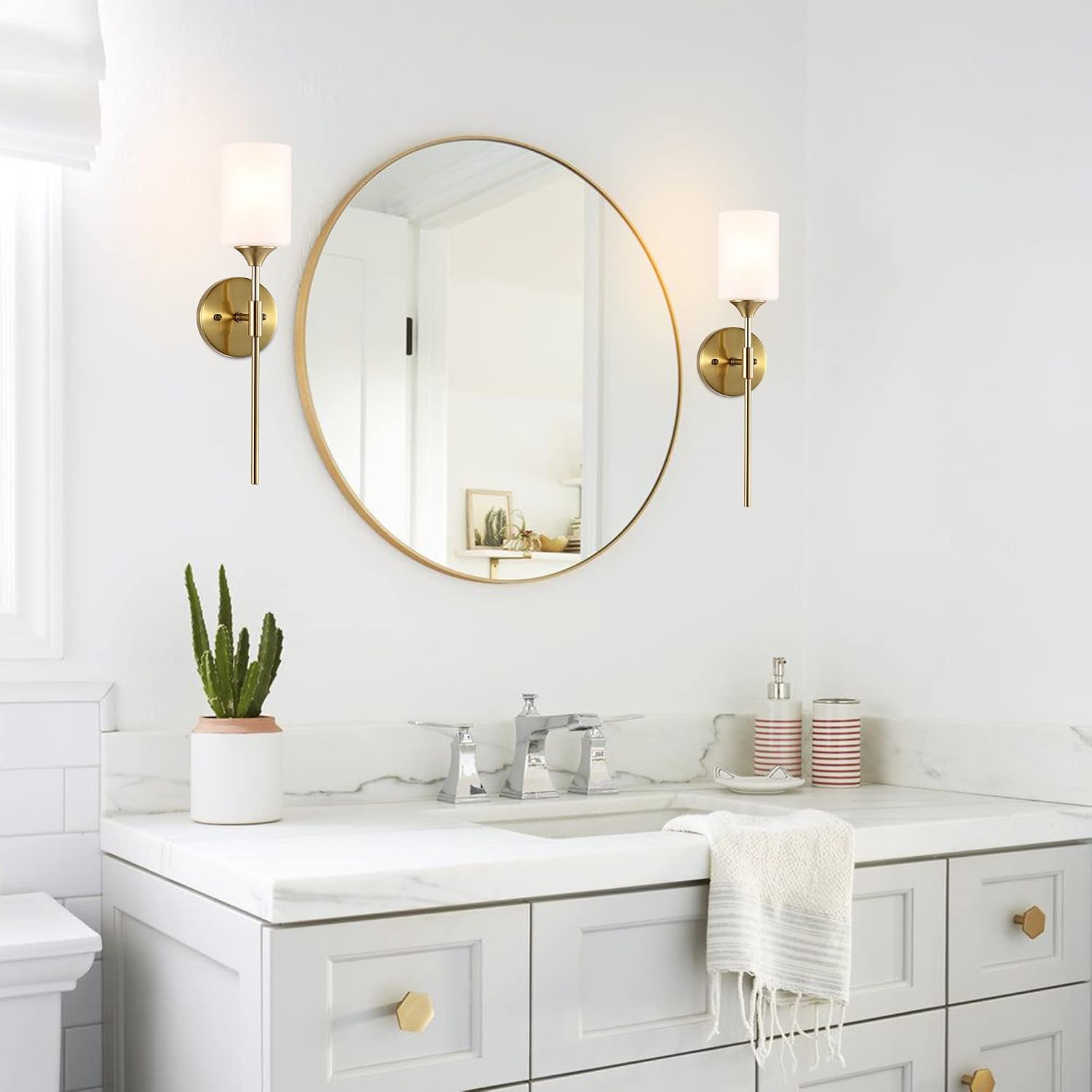 BYOLIIMA Gold Wall Sconce Set of 2 with White Cylinder Glass Shades Modern Mid Century Bathroom Vanity Wall Light Fixtures Industrial Brushed Brass Wall Lamp for Bedroom Mirror Living Room Restaurant