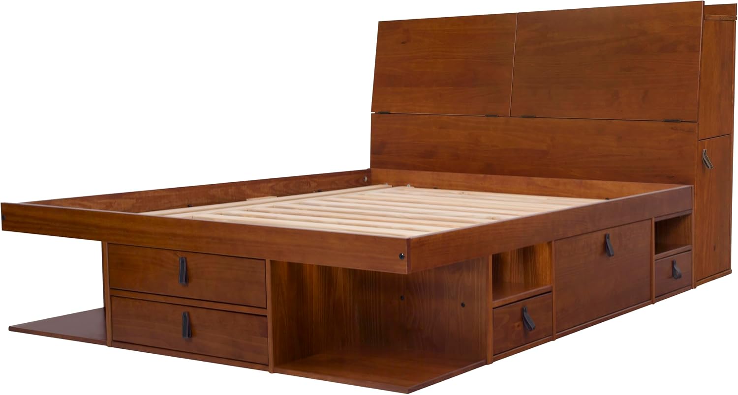 memomad Bali Set: Storage Platform Bed with Drawers + Bookcase Headboard (Queen Size, Caramel Brown Wood)