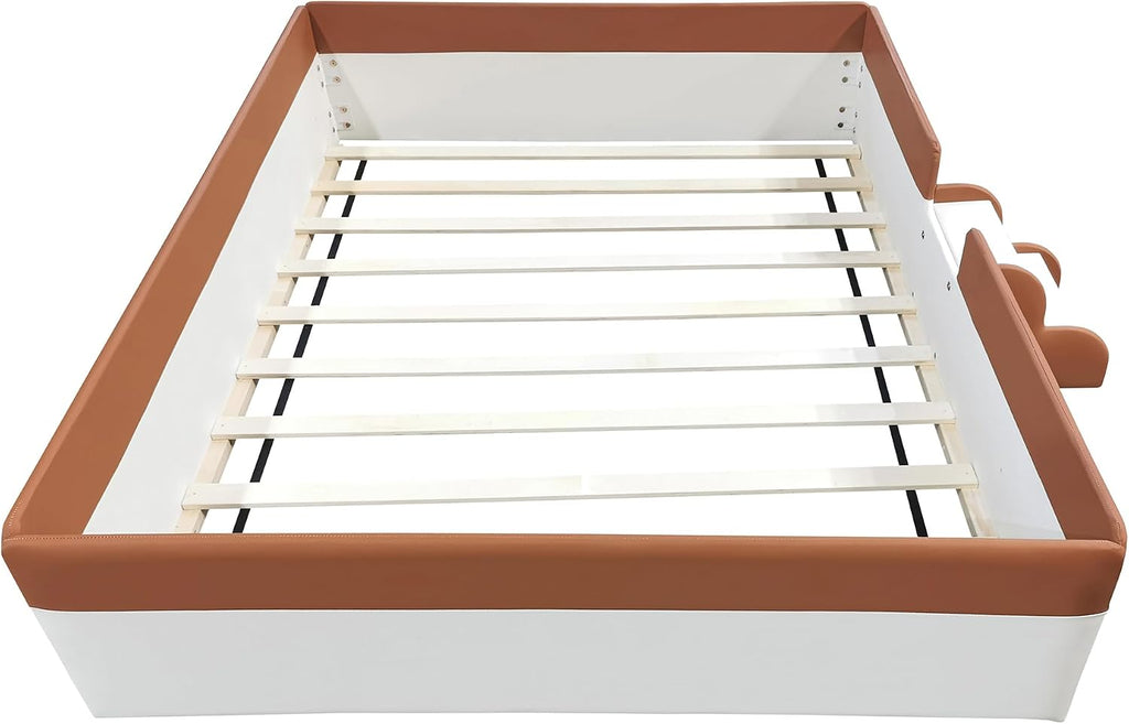 VilroCaz Full Size Upholstered Daybed Frame with Fence and Stairs, Montessori Kids Floor Bed with Sturdy Slat Support for Kids Boys Girls (Brown+Full)