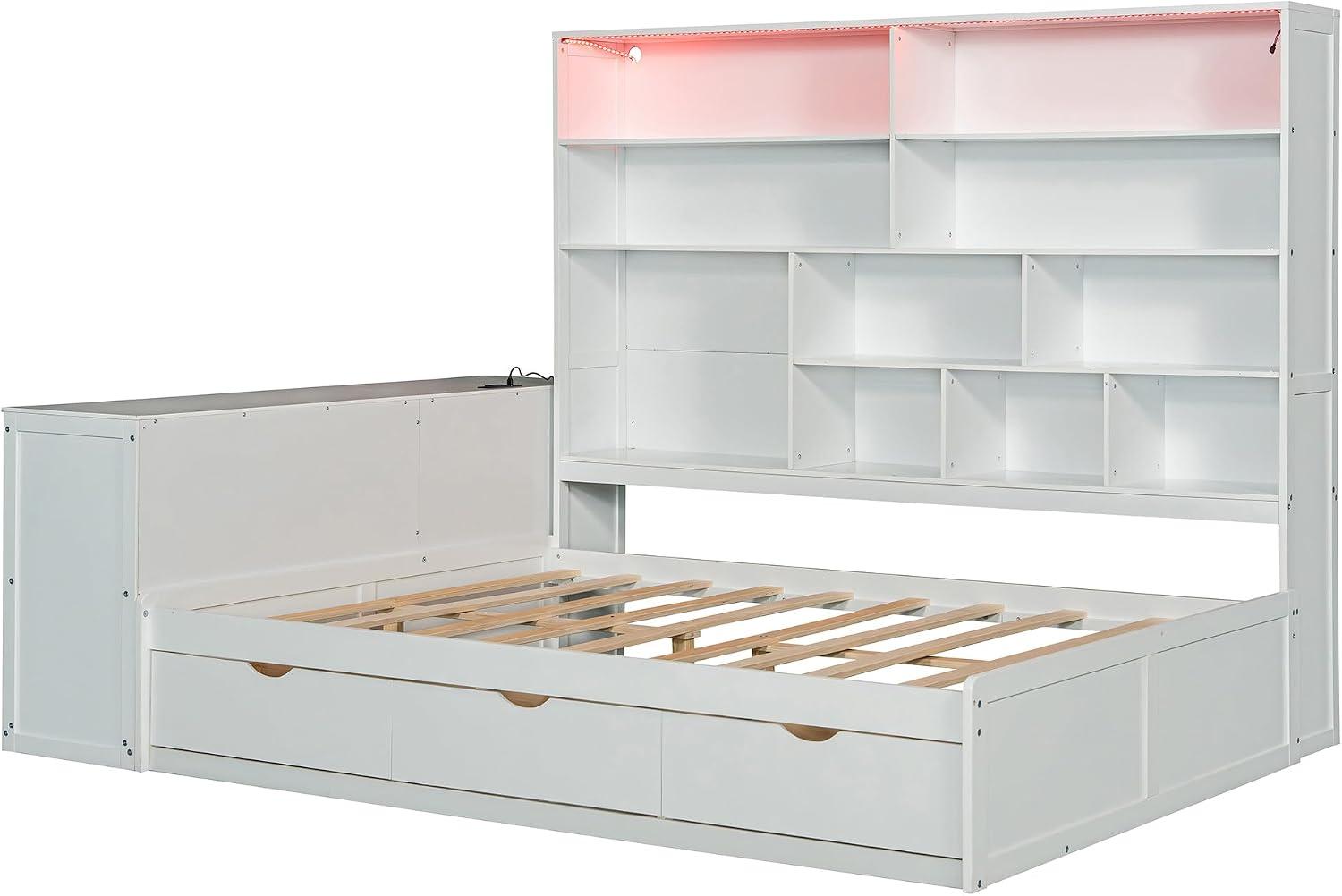 KLMM Full Size Wooden Daybed with Three Drawers,Desk,Shelves and Lights,for Kids Teens Adults Bedroom Use (White/Drawers, Full)