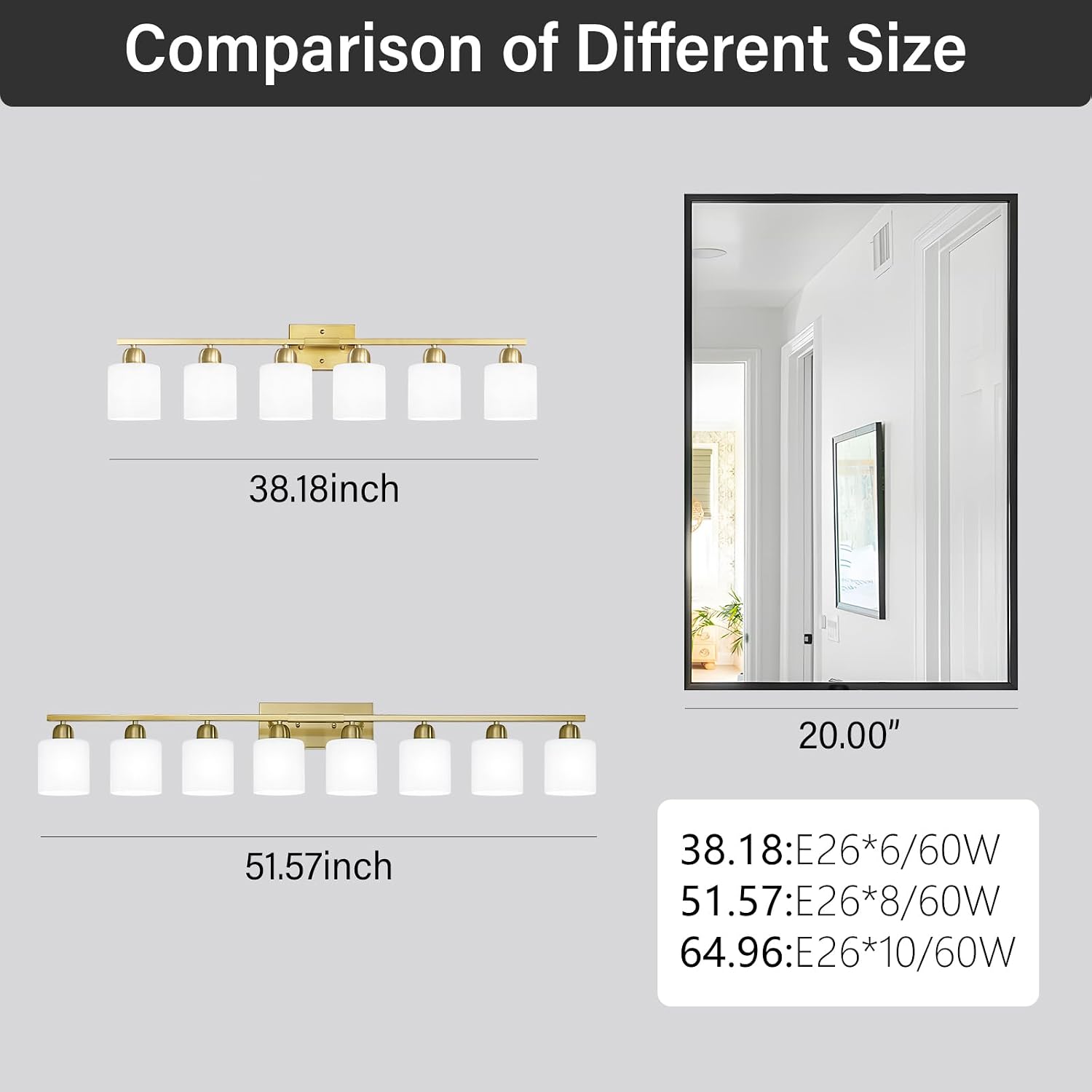 8 Light Bathroom Light Fixtures Gold for Big Mirror, Brushed Gold Vanity Lights for Bathroom with Milky White Frosted Glass Shades, 51 inch Wall Sconce for Mirrors Living Room Bedroom