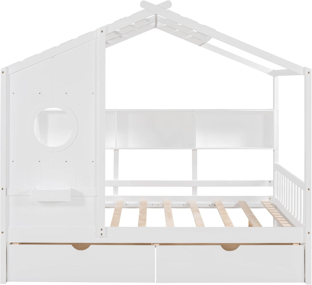 MERITLINE Full Size Kids House Bed with 2 Drawers and Storage Shelf, Wooden Kids Montessori Bed Frame (White)