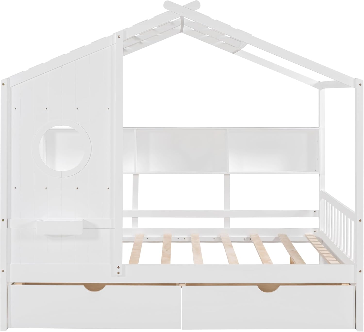 MERITLINE Full Size Kids House Bed with 2 Drawers and Storage Shelf, Wooden Kids Montessori Bed Frame (White)