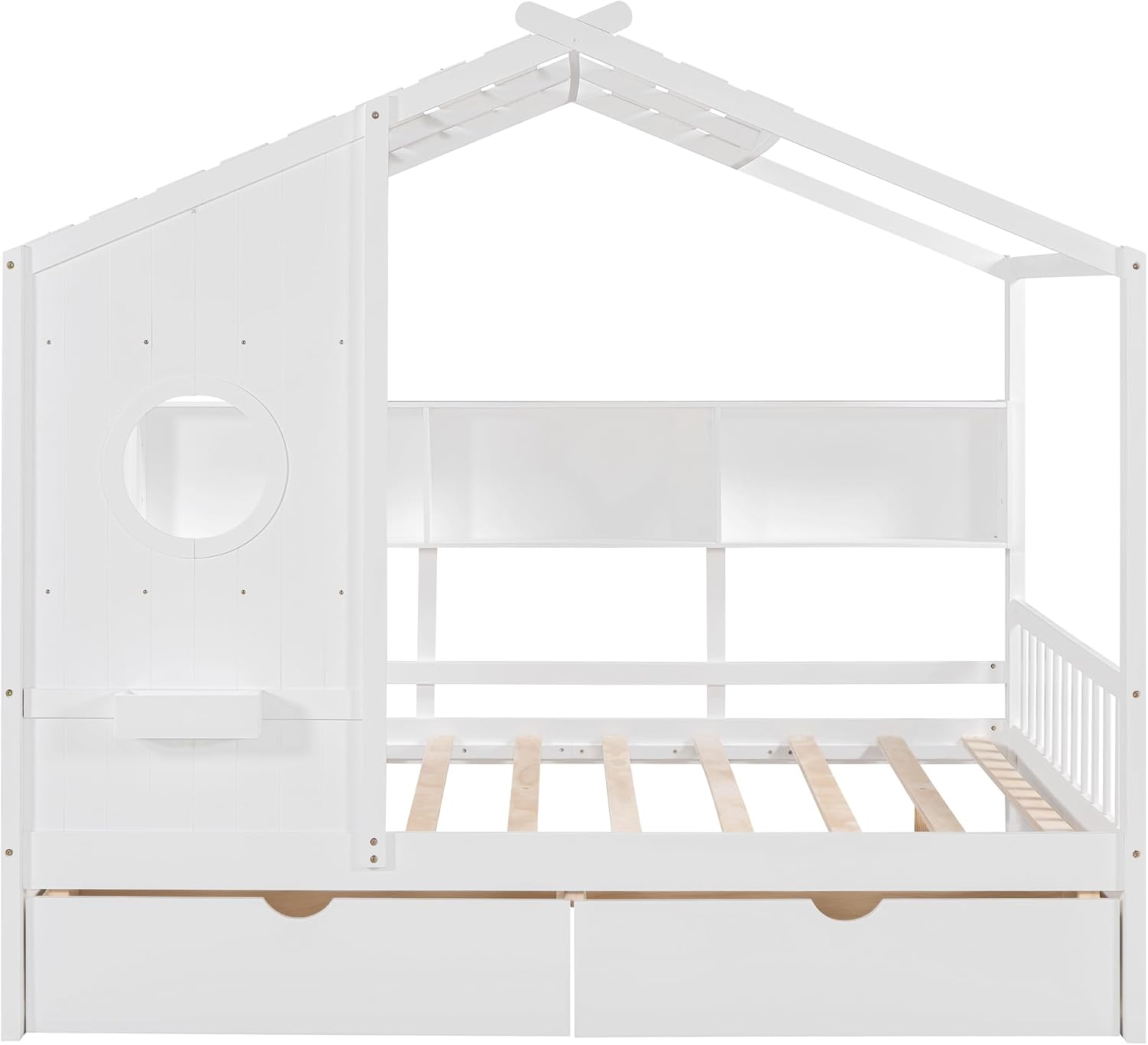 VilroCaz Full Size House Bed with 2 Drawers and Storage Shelf, Playhouse Design Solid Wood Kids Platform Bed Frame for Girls Boys, Decorable Daybed with Sturdy Slats Support, Space-Saving (AF-White)